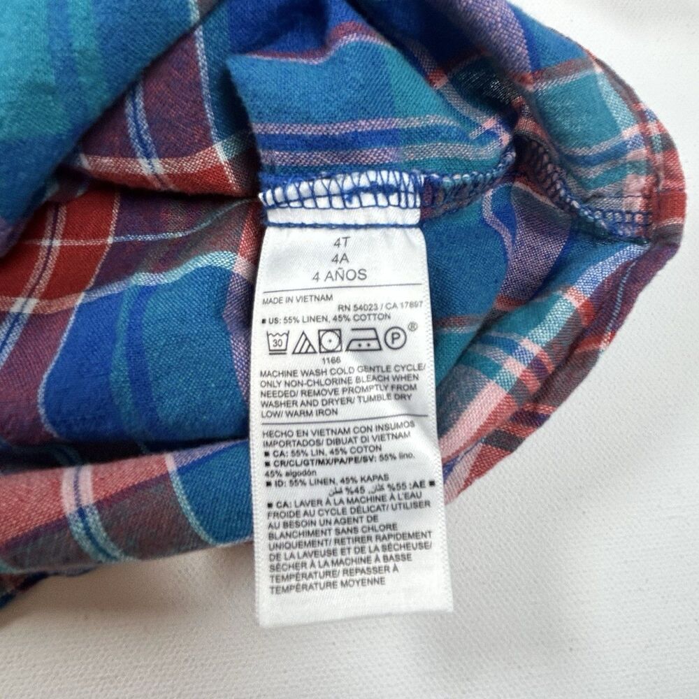 Old Navy Retro Shirt Short Sleeve Linen Cotton Plaid Red Blue Pockets Boys 4T - Picture 5 of 10